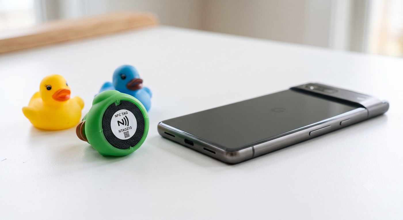 Rubber duck toys, one of them fitted with an NFC tag, next to an Android phone on a table