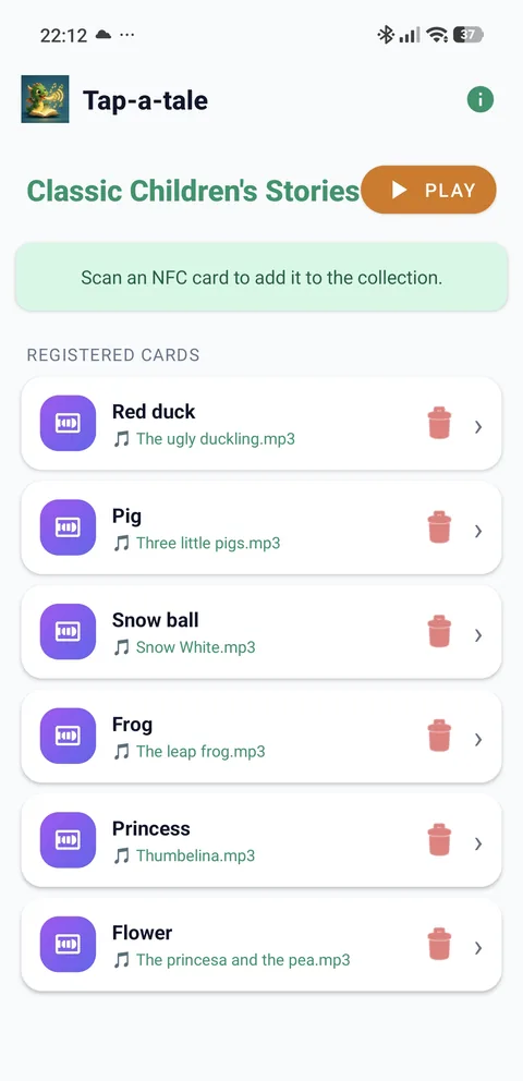 Cards registered in a collection, each with the audio file linked to it