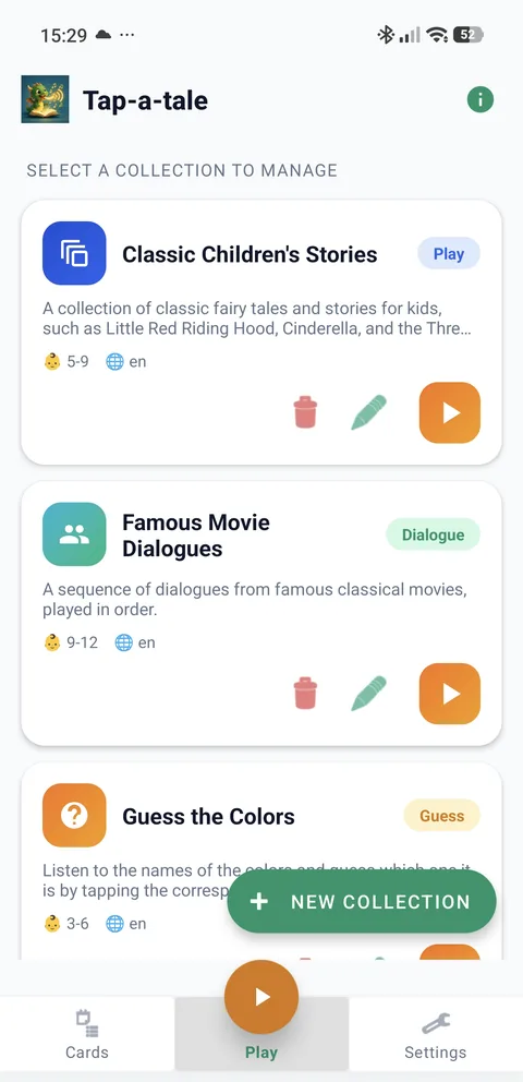 Collection list in Tap-a-tale showing stories, dialogues and guessing games