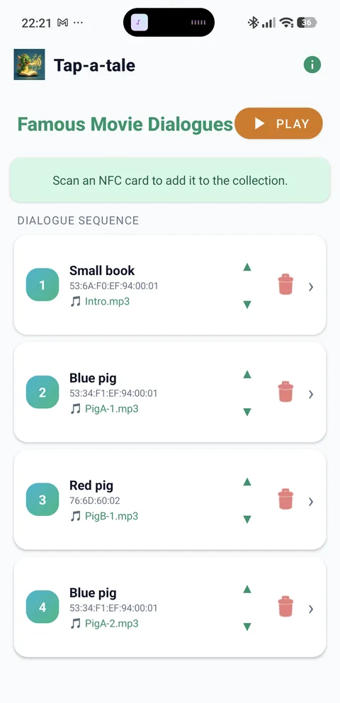 Numbered dialogue sequence that can be reordered card by card