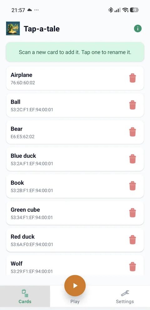 List of saved NFC tags with the name given to each one